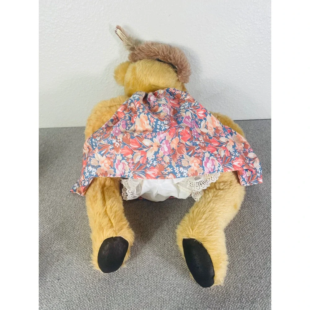 Vintage Teddy Bear Plush Floral Dress Bonnet Tan Cottagecore Stuffed Animal Doll
